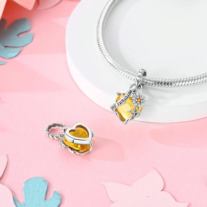 925 Sterling Silver Sunflower Charm Pendant Yellow Gemstone Fits Bracelet Diy Gift