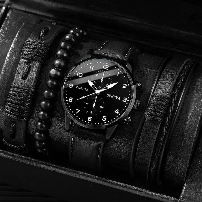 4 Piece Mens Business Watch Set Vintage Leather Bracelets