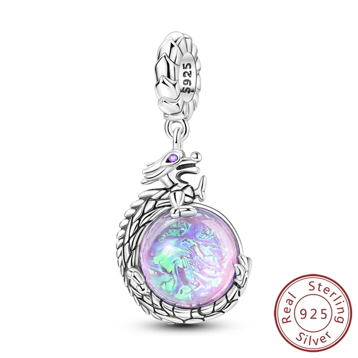 925 Sterling Silver Dragon Treasure Pendant Purple Series Fits Bracelet / Necklace Women Diy Gift