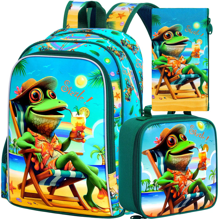 3 Piece Boys Backpack Set 16 Inch Bookbag Lunch Box Frog Design