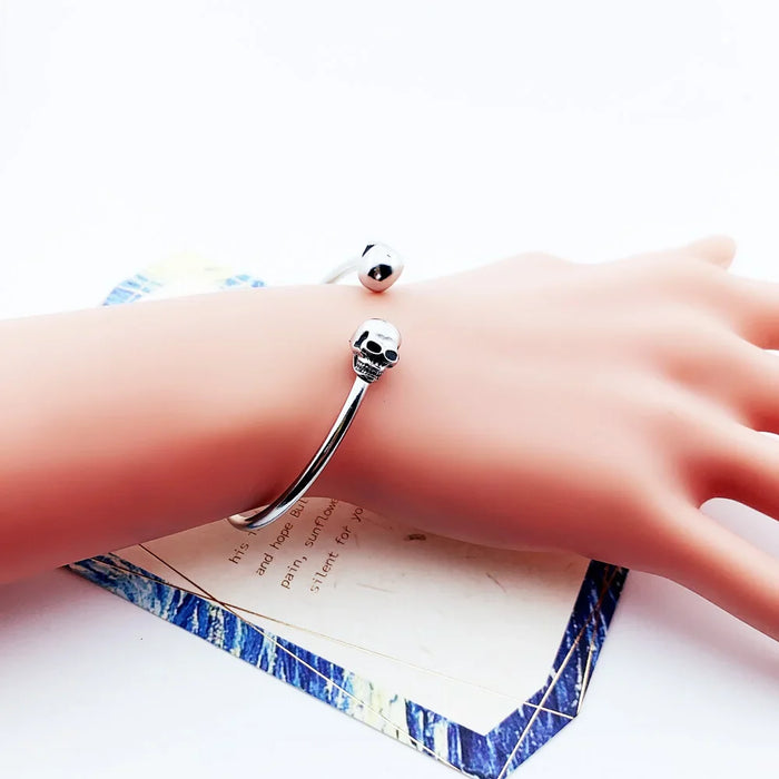 925 Sterling Silver Skull Bangle Bracelet Fashion Karma Rebel Jewelry For Women & Men