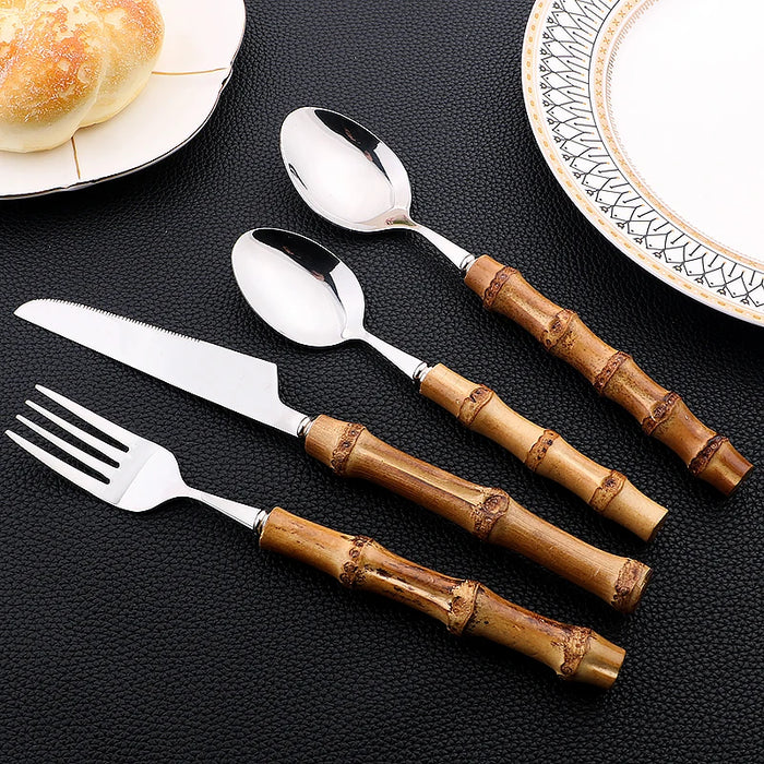 24 Piece Bamboo Handle Stainless Steel Flatware Set