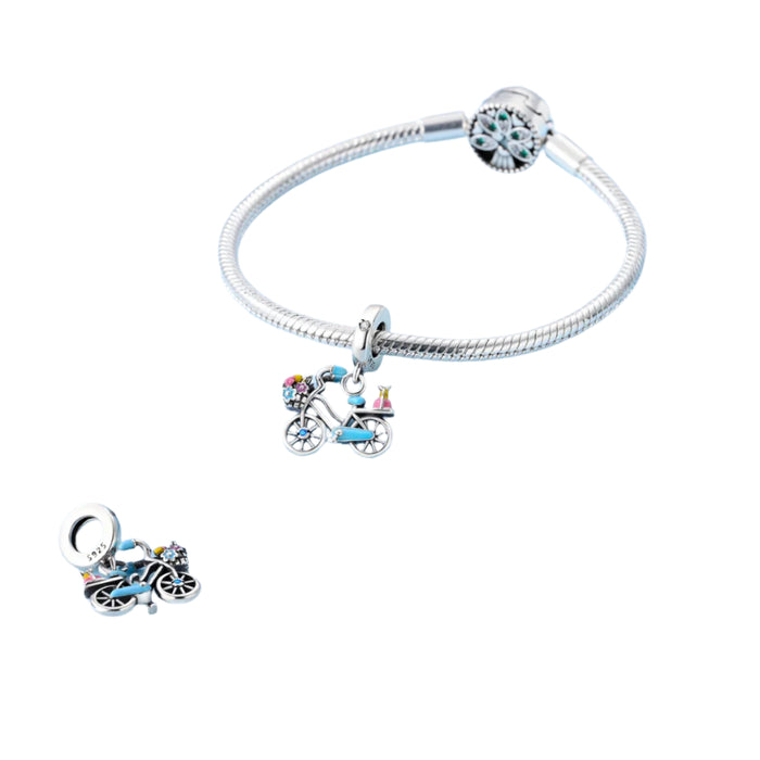 925 Sterling Silver Flower Bicycle Pendant Fits Bracelet