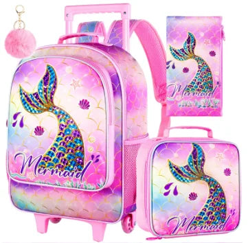 3 Piece Dragon Rolling Backpack Set For Boys School Wheels Lunch