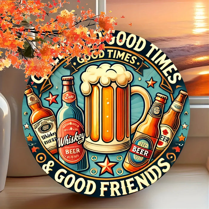 Vintage Round Beer & Whiskey Wall Sign