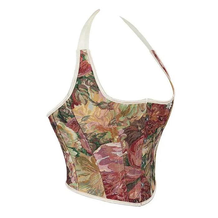 Retro Floral Print Halterneck Corset Top Front Busk Closure Plus Size Xs-Xxl