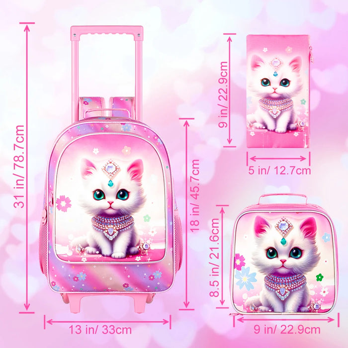 3 Piece Girls Rolling Backpack Set With Lunch Bag Cat