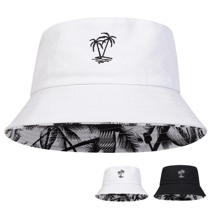 Double Sided Coconut Tree Embroidery Bucket Hat For Unisex Outdoor Sun Protection