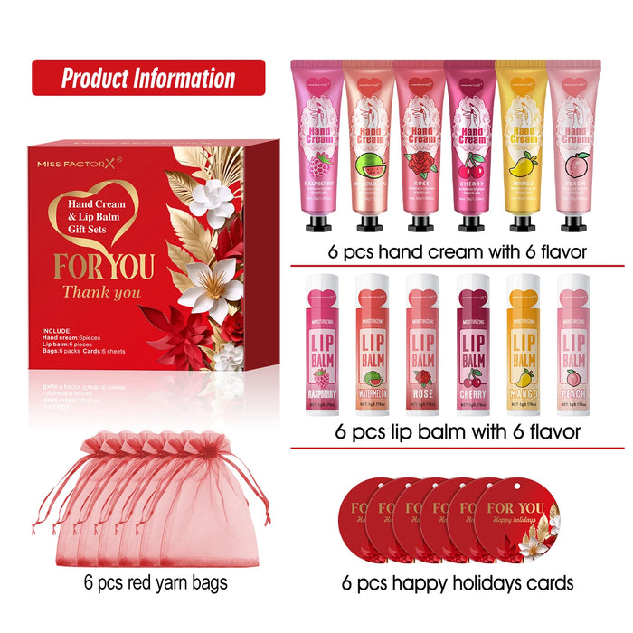 24 Piece Bulk Lip Balm & Hand Cream Set With Thank You Card & Red Gauze Bag