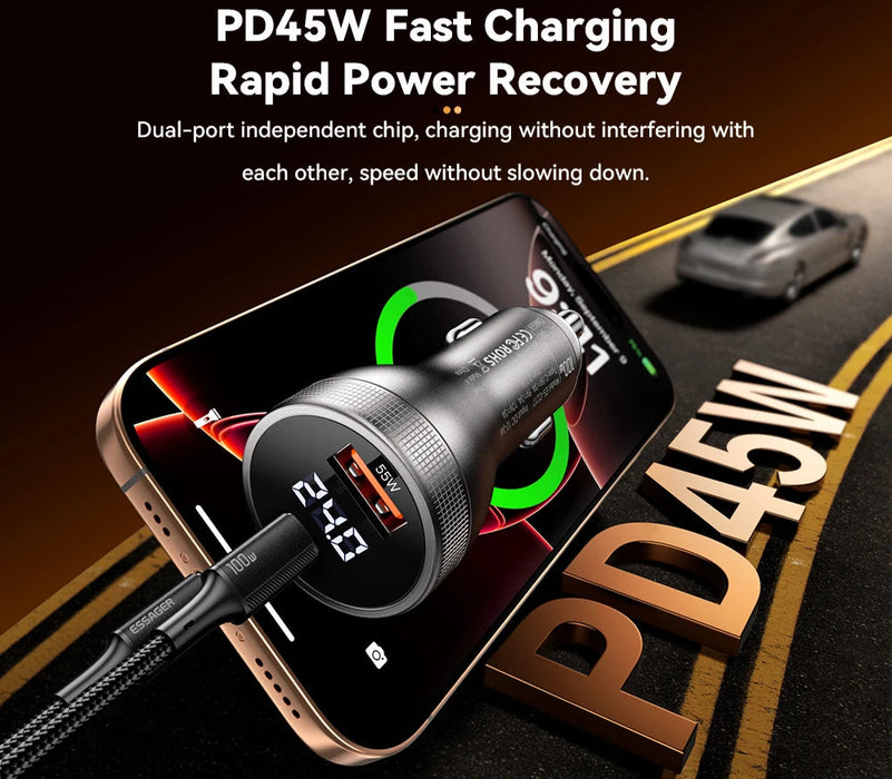 100W Usb C Car Charger Pd3.0 Fast Charging Quick Charge 4.0 Adapter For Iphone 16 Macbook Xiaomi Laptop Digital Dispaly