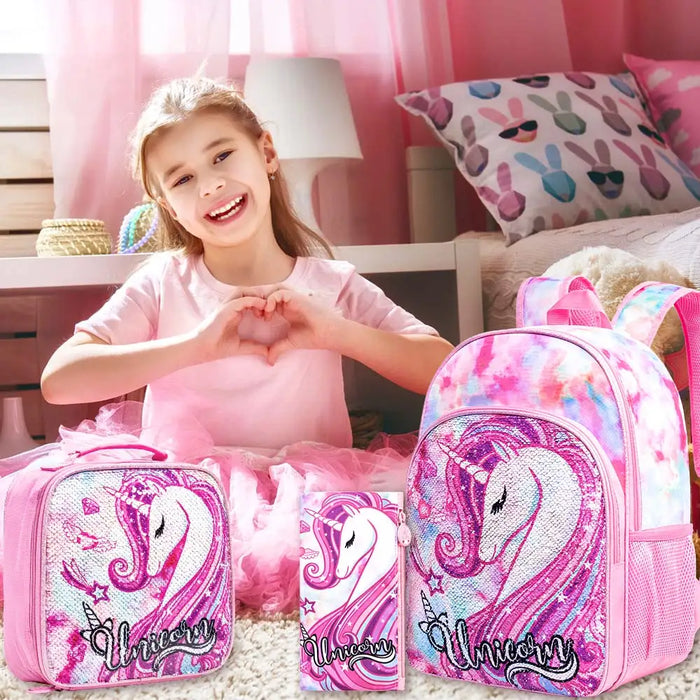 3 Piece Kids Backpack Set 16 Inch School Bag With Lunch Box Unicorn Dinosaur Design