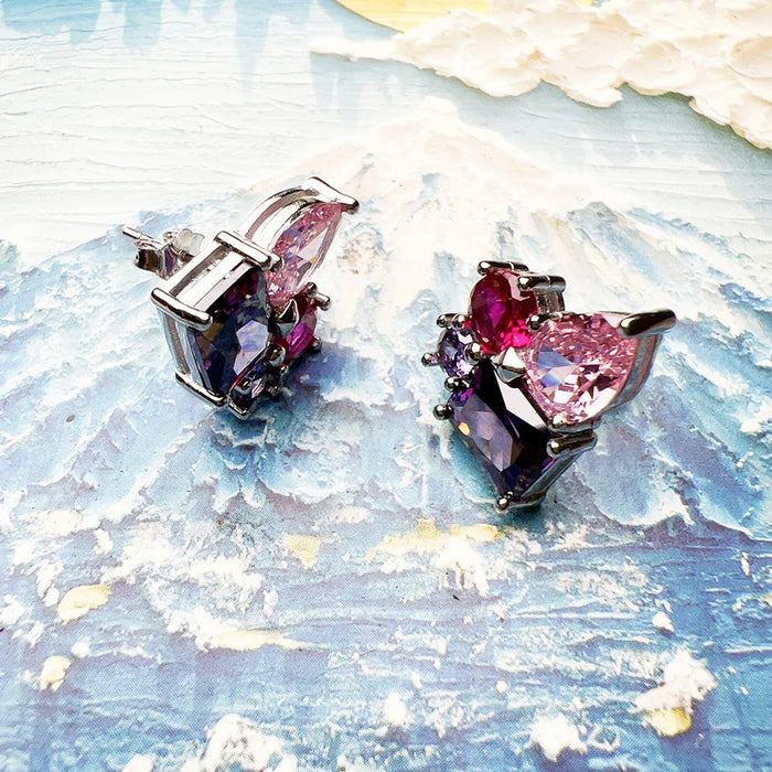 925 Sterling Silver Pink & Violet Zircon Ear Studs For Women