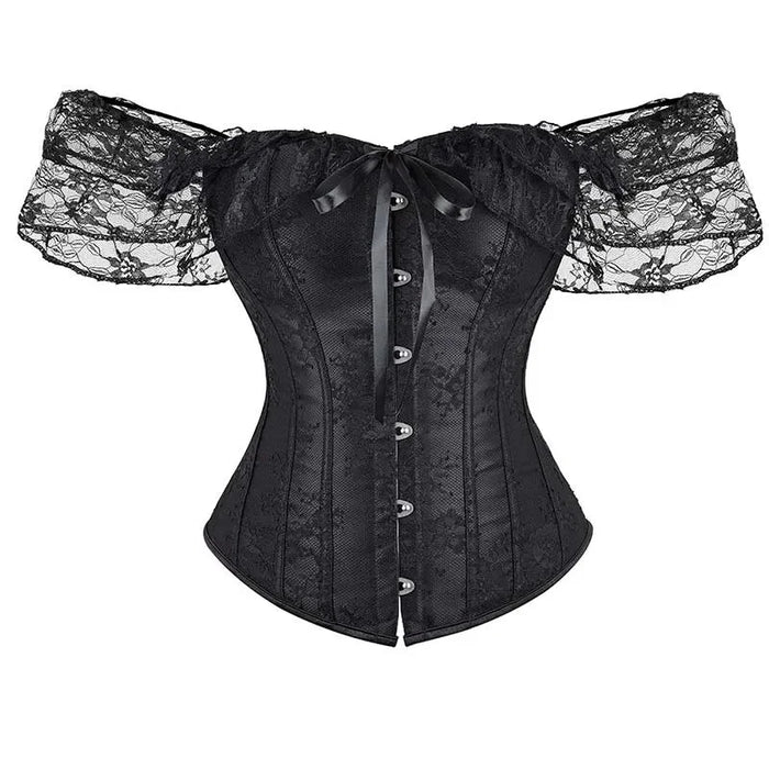 Floral Lace Corset With Off Shoulder Sleeves Plus Size S-6Xl Bow Tie Chest Biner Bustier Top In Black