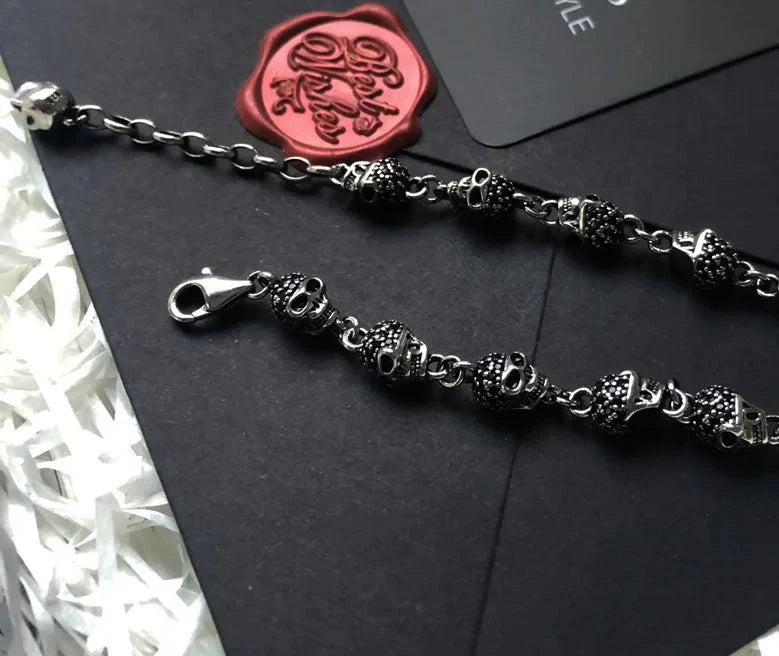 925 Sterling Silver Black Stone Skulls Bracelet Punk Jewelry For Women & Men