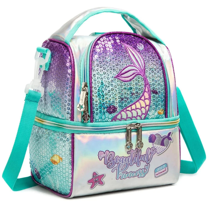 Kids Insulated Lunch Bag With Adjustable Strap High Capacity Bento Box For School Mermaid Sequin Design