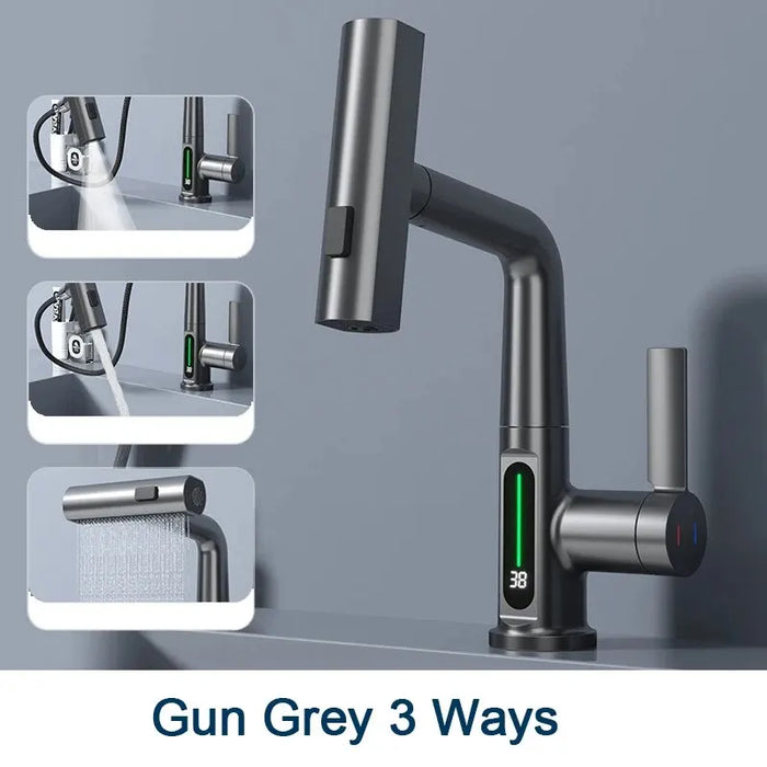 3 Way Digital Basin Faucet with Pull Out Sprayer