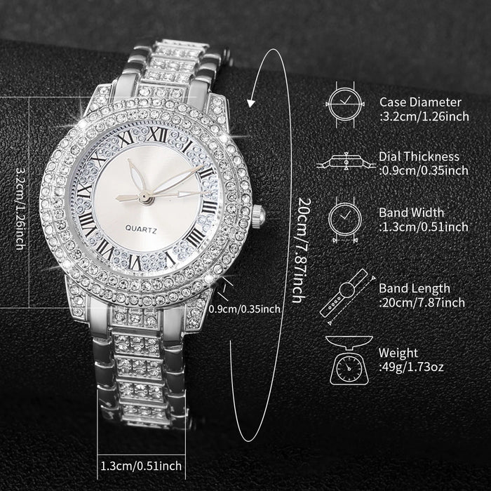 6 Piece Rhinestone Dial Quartz Watch Set Steel Band Diamond Accents