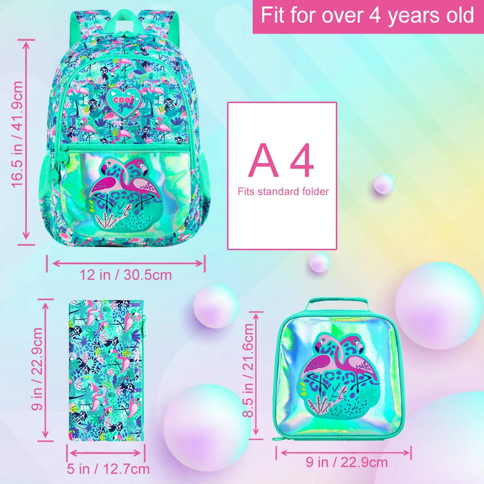 3 Piece Flamingo Backpack Set For Girls 16.5 Inch Bookbag With Lunch Box Waterproof Lightweight Kindergarten Ready