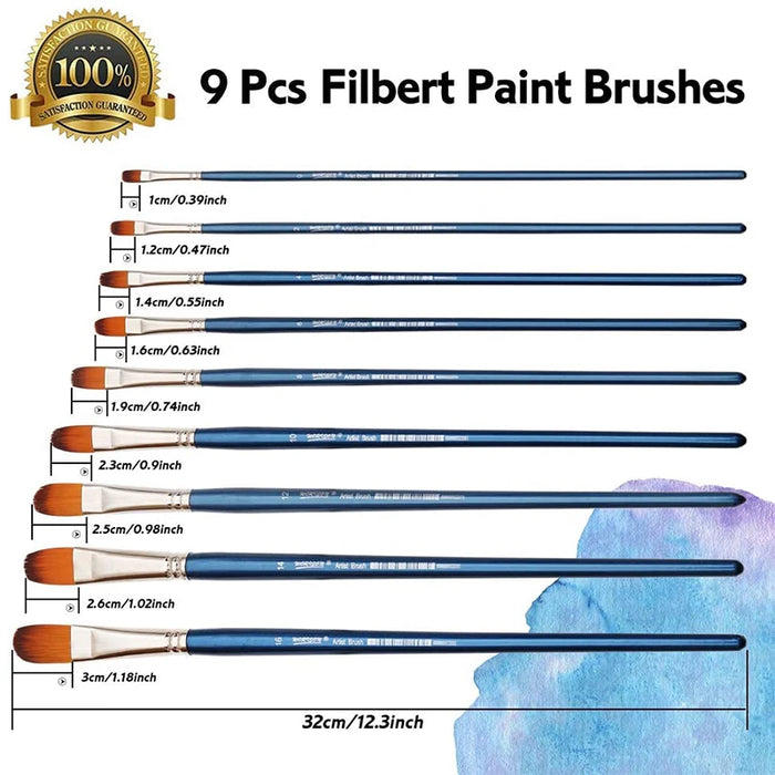9 Piece Professional Artist Brush Set For Acrylic Oil Watercolour Gouache Painting