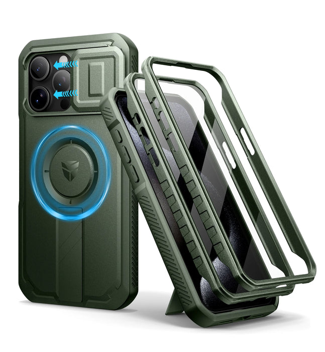 For Iphone 15 Pro Max Rugged Armor Shockproof Case With Built-In Sliding Camera Case And Built-In Screen Protector Kickstand