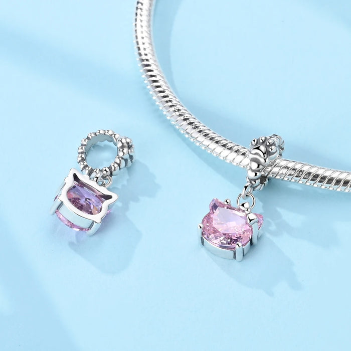 925 Sterling Silver Pink Cat Paw Print Pendant Fits Bracelet Diy Gift