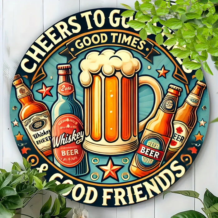 Vintage Round Beer & Whiskey Wall Sign