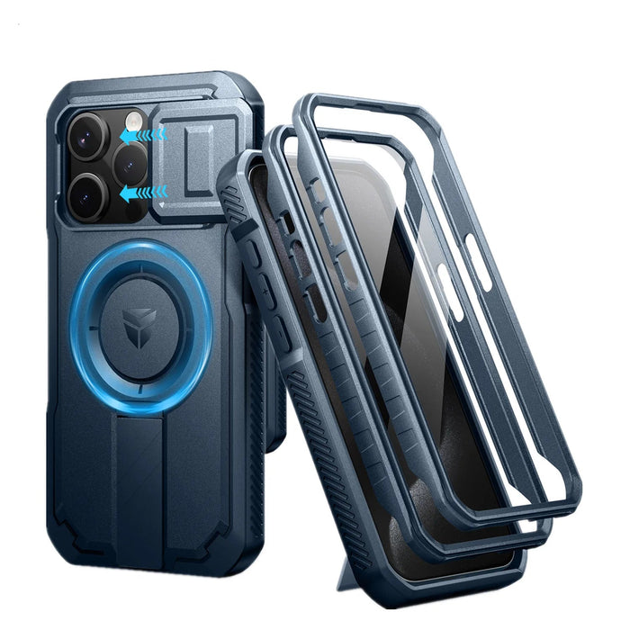 For Iphone 15 Pro Rugged Armor Shockproof Case With Built-In Sliding Camera Case And Built-In Screen Protector Kickstand