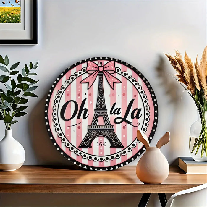 Eiffel Tower Metal Sign 8X8 Inch Round Pink & Black Stripes Festive Bow