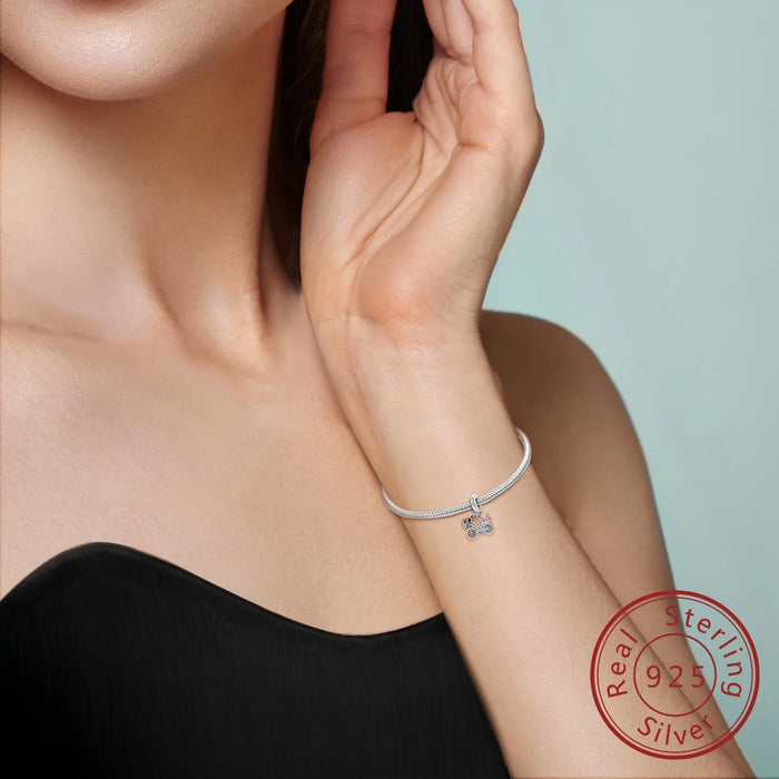 925 Sterling Silver Flower Bicycle Pendant Fits Bracelet
