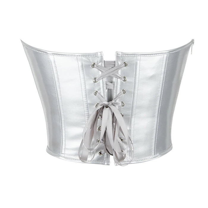 12-Bone Side Zip Chest Binder Bustier Short Strapless Top For Women Silver Leather Corset
