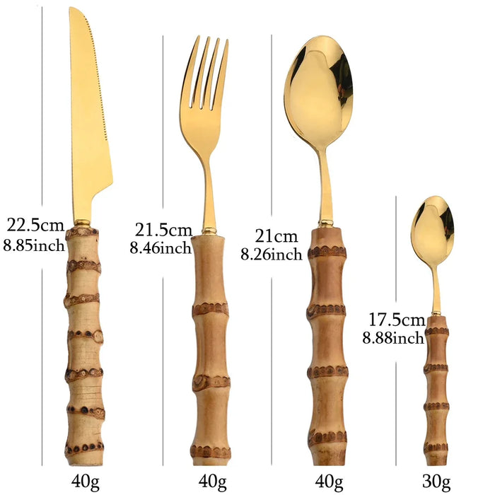 24 Piece Stainless Steel Bamboo Cutlery Set With Natural Handles