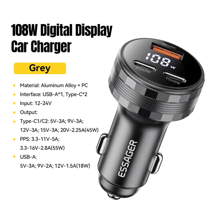 108W 3Ports Usb Car Charger Digital Dispaly Pd3.0 Fast Charging Quick Charge 3.0 Adapter For Iphone 16 15 Xiaomi Samsung