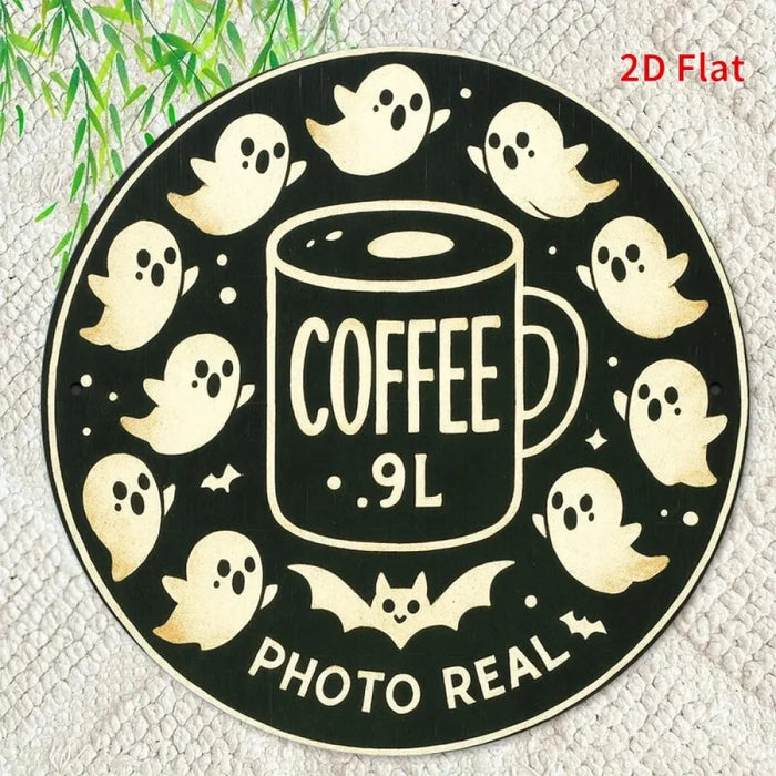 2D Flat Retro Round Iron Sign Coffee & Ghosts For Bedroom / Dining Room