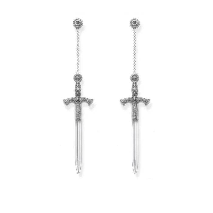 925 Sterling Silver Fantasy Sword Earrings Richly Ornamented Fine Jewelry For Women & Men