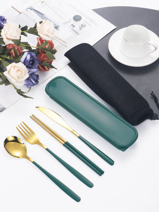 4 Piece Portable Cutlery Set With Box Knife Fork Spoon Chopsticks