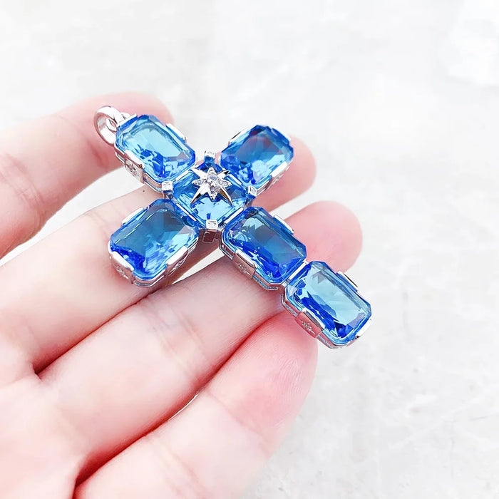 925 Sterling Silver Large Aquamarine Cross Pendant With Star Detail Gift For Women