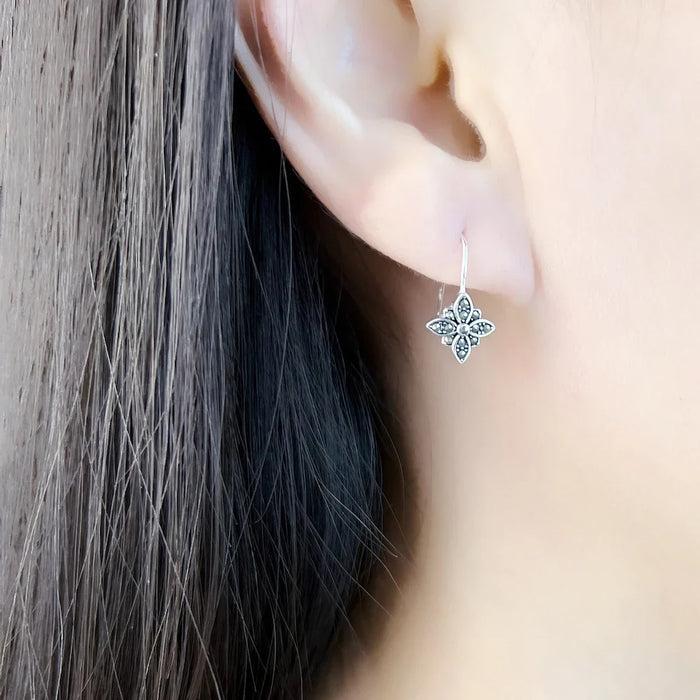 925 Sterling Silver Flower Star Drop Earrings Marcasite Zirconia For Women