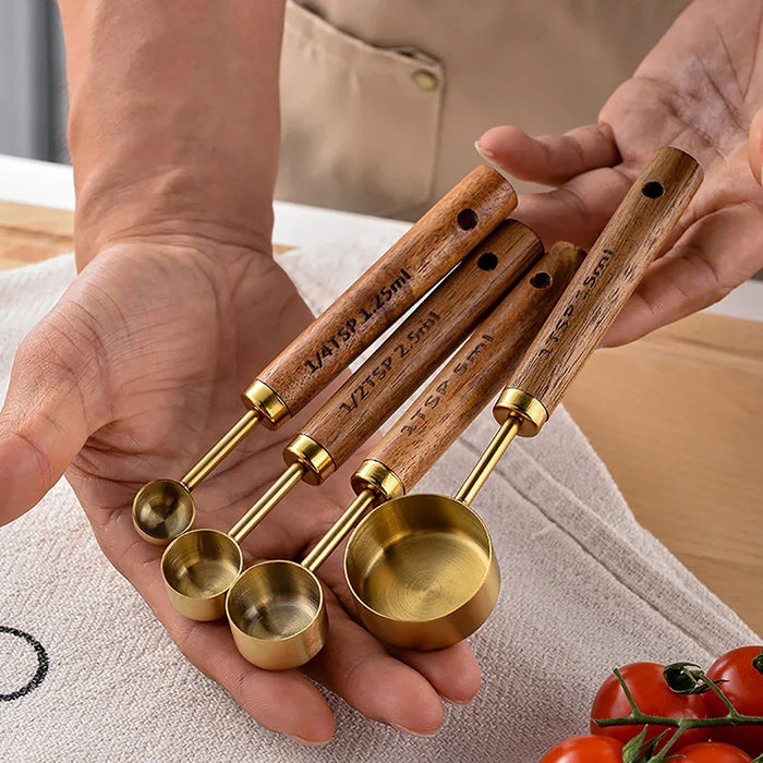 8 Piece Gold Stainless Steel Measuring Set With Wooden Handles