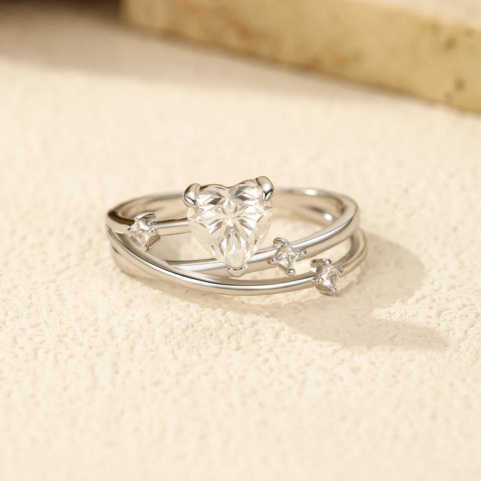 925 Sterling Silver Romantic Heart Moissanite Rings0.8Ct D Colour Multi-Layer Design