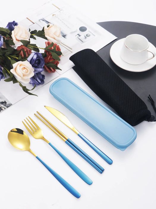 4 Piece Portable Cutlery Set With Box Knife Fork Spoon Chopsticks