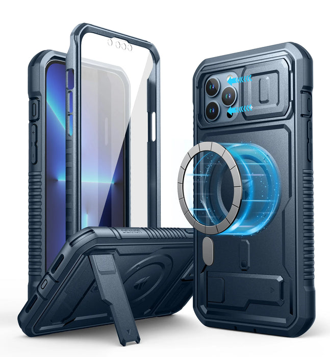 For Iphone 13 Pro Max Full Body Rugged Armor Shockproof Magnetic Case With Camera Case And Built-In Screen Protector Kickstand
