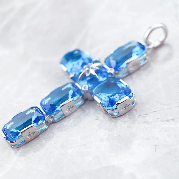 925 Sterling Silver Large Aquamarine Cross Pendant With Star Detail Gift For Women