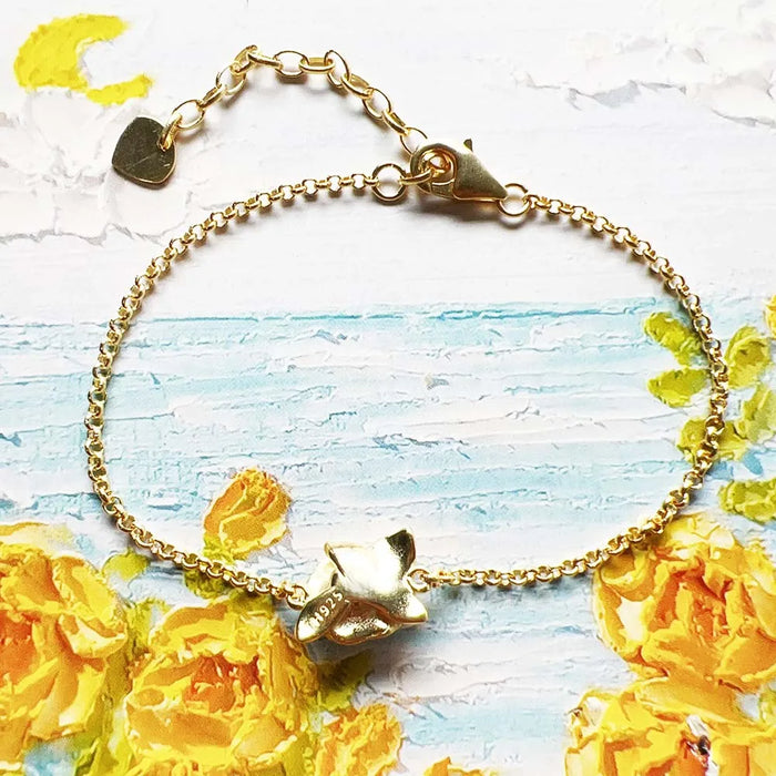 925 Sterling Silver Romantic Gift Rose Flower Bracelet White Stones