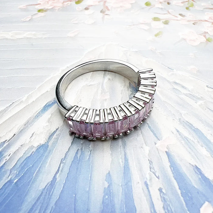 925 Sterling Silver Pink Pavé Band Ring Europe Style Fine Jewelry For Women