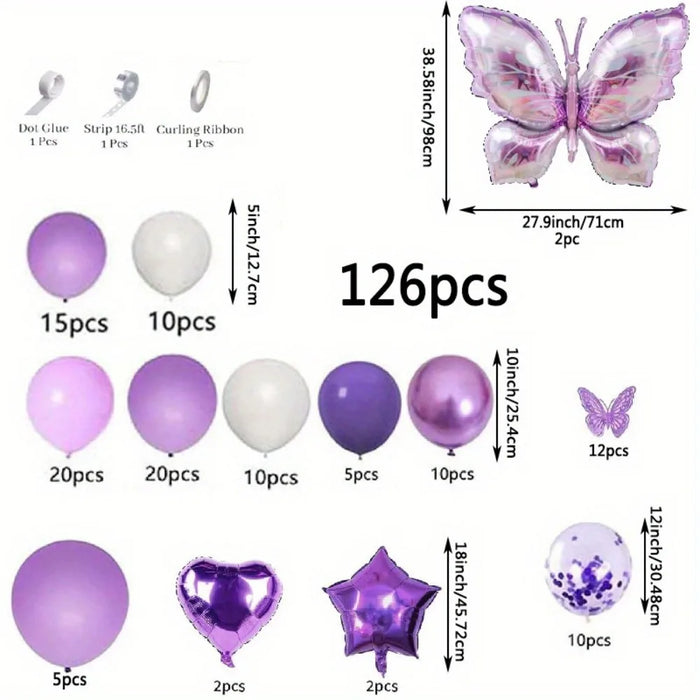126Pcs Purple Butterfly Balloon Set Containing Butterfly Shaped Aluminum Balloons For Birthday Wedding Decoration.
