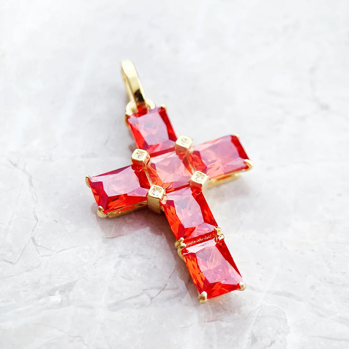 925 Sterling Silver Orange Stone Golden Cross Pendant Jewelry For Women