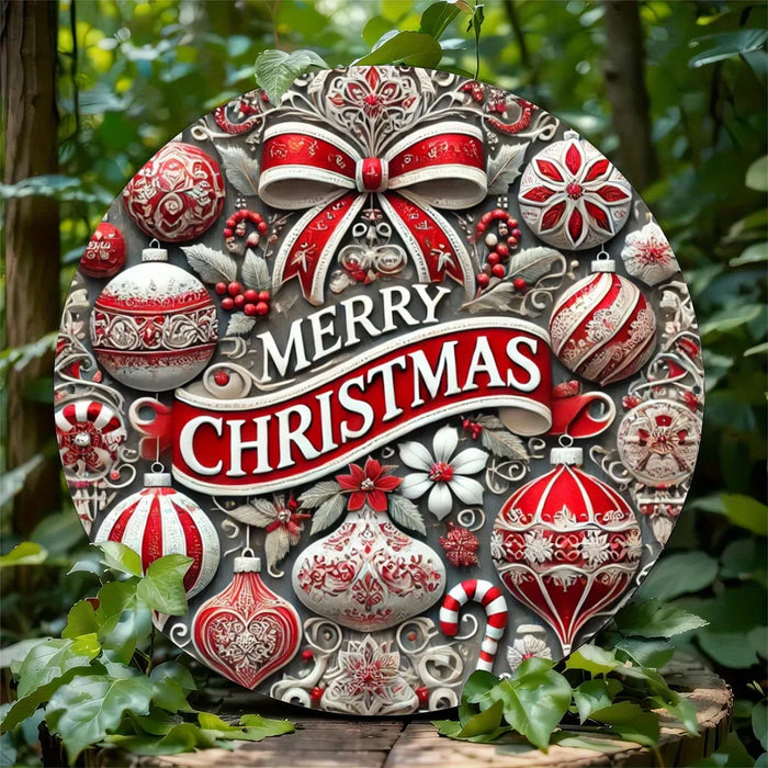 Round Christmas Tin Wall Art Candy & Wreath Design