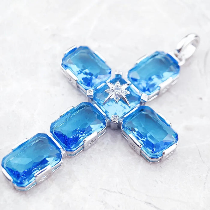 925 Sterling Silver Large Aquamarine Cross Pendant With Star Detail Gift For Women