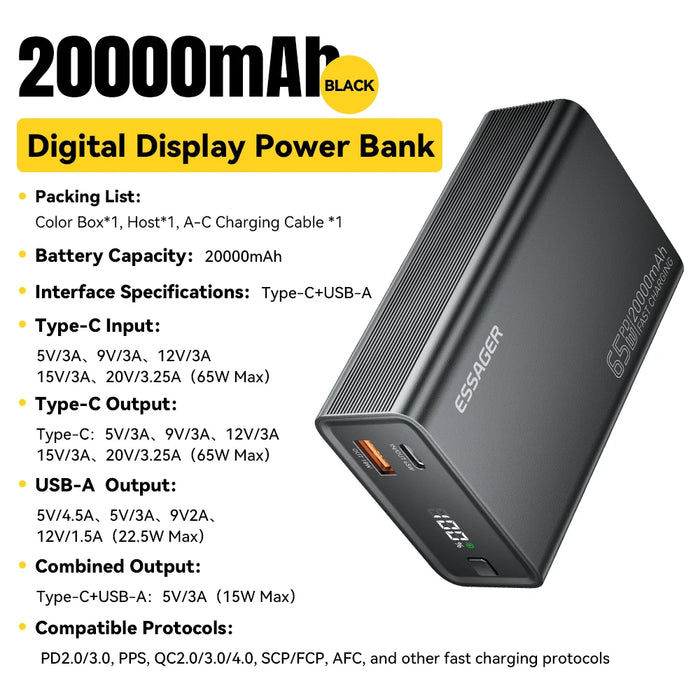 Power Bank 20000Mah Portable Pd 65W Fast Charging Mobile Phone External Battery Powerbank For Phone Laptop Tablet Mac