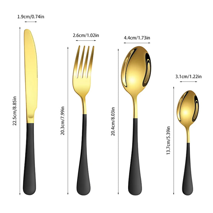 4 / 6 / 16 / 24 Piece Gold & Black Stainless Steel Cutlery Set Round Handle